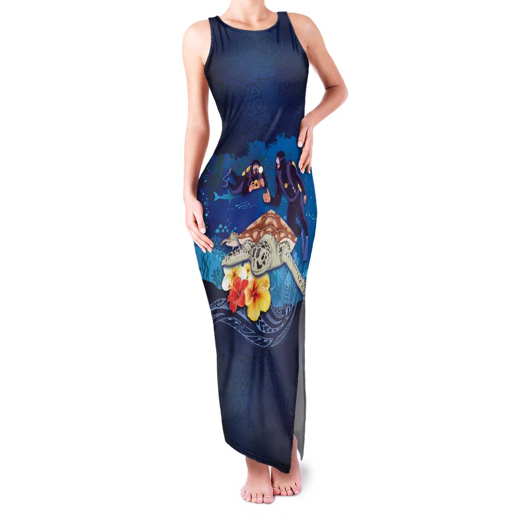 Polynesian Scuba Diving Family Matching Tank Maxi Dress and Hawaiian Shirt Honu with Hibiscus and Plumeria Flower and Tapa Tribal Pattern LT03 Mom's Dress Blue - Polynesian Pride