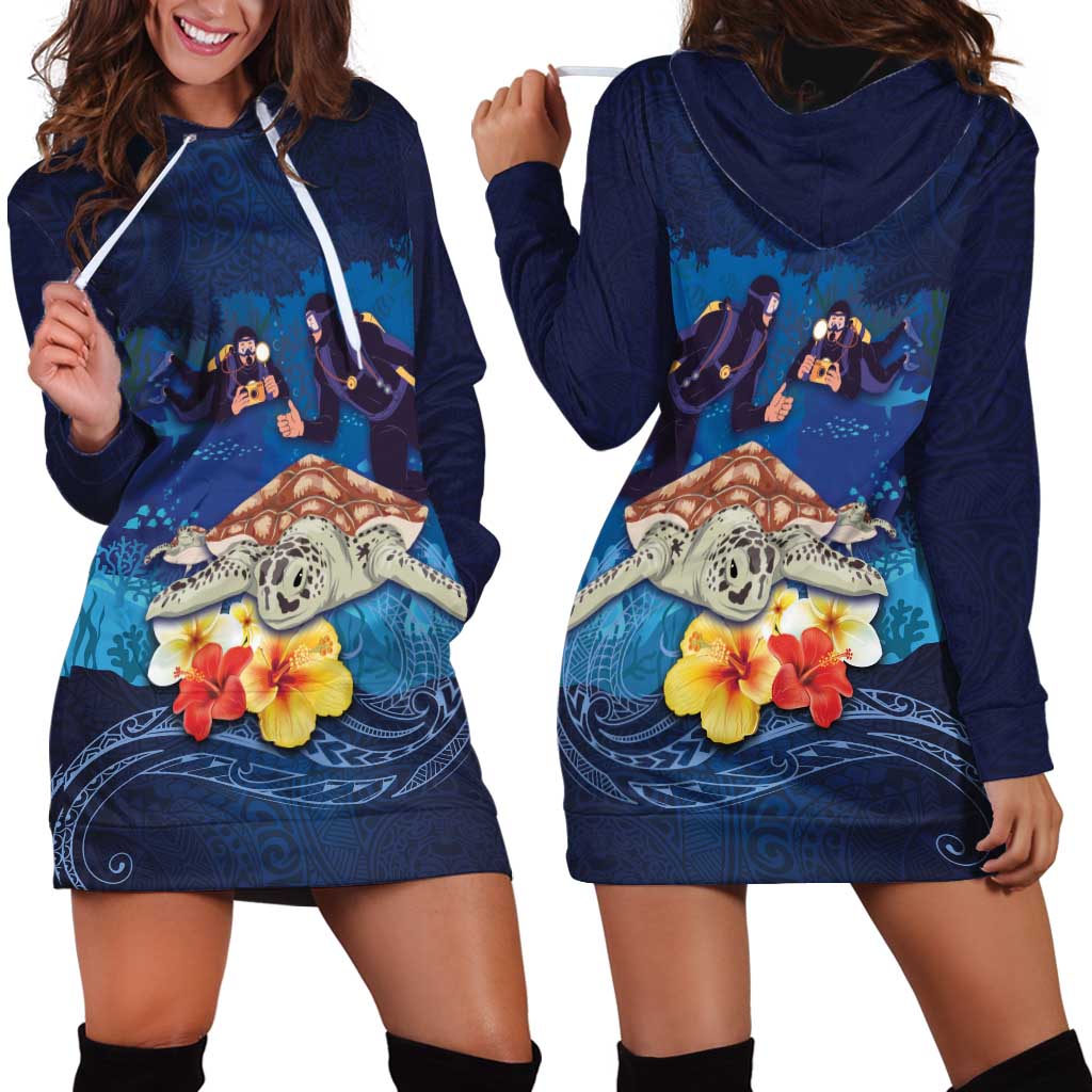 Polynesian Scuba Diving Hoodie Dress Honu with Hibiscus and Plumeria Flower and Tapa Tribal Pattern LT03 - Polynesian Pride