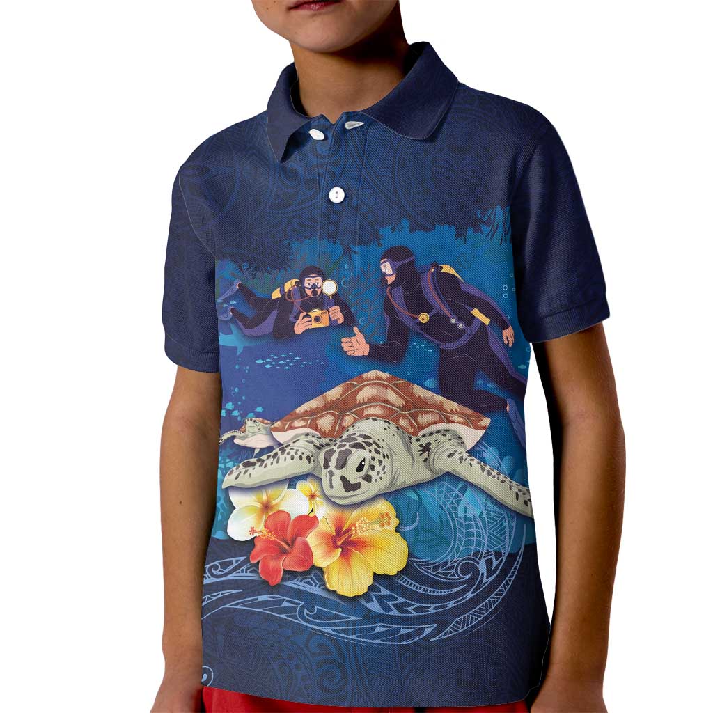 Polynesian Scuba Diving Kid Polo Shirt Honu with Hibiscus and Plumeria Flower and Tapa Tribal Pattern