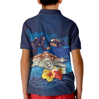 Polynesian Scuba Diving Kid Polo Shirt Honu with Hibiscus and Plumeria Flower and Tapa Tribal Pattern