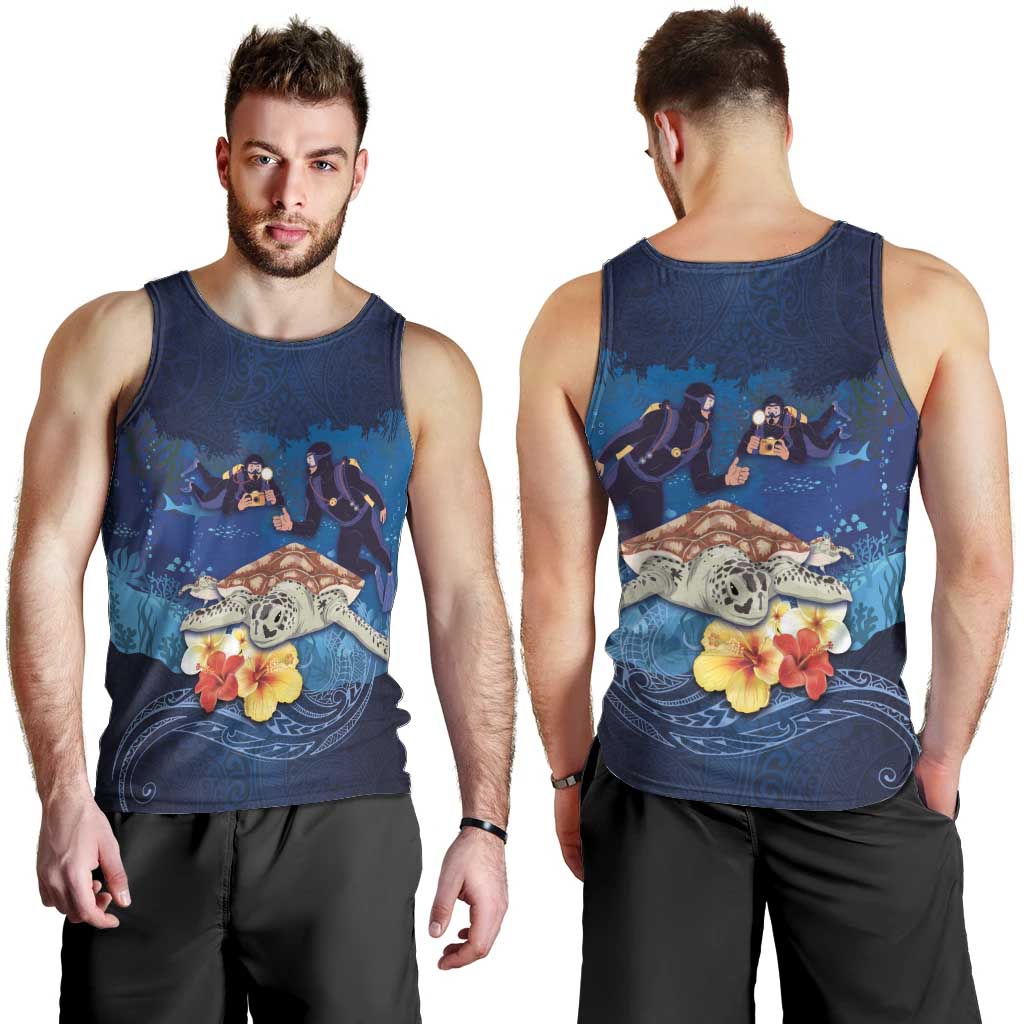 Polynesian Scuba Diving Men Tank Top Honu with Hibiscus and Plumeria Flower and Tapa Tribal Pattern