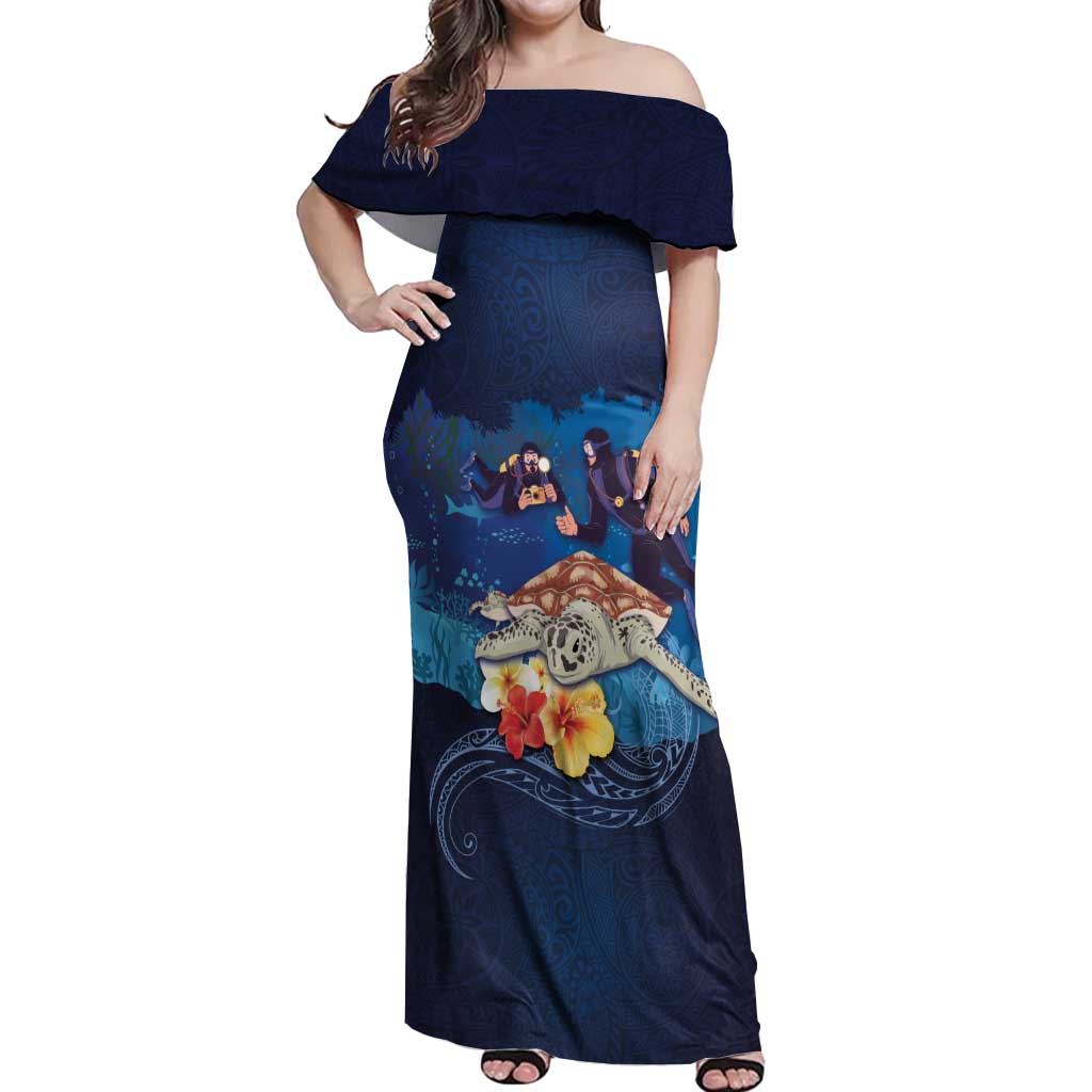 Polynesian Scuba Diving Off Shoulder Maxi Dress Honu with Hibiscus and Plumeria Flower and Tapa Tribal Pattern