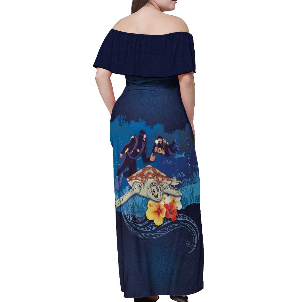 Polynesian Scuba Diving Off Shoulder Maxi Dress Honu with Hibiscus and Plumeria Flower and Tapa Tribal Pattern