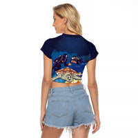 Polynesian Scuba Diving Raglan Cropped T Shirt Honu with Hibiscus and Plumeria Flower and Tapa Tribal Pattern