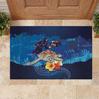 Polynesian Scuba Diving Rubber Doormat Honu with Hibiscus and Plumeria Flower and Tapa Tribal Pattern