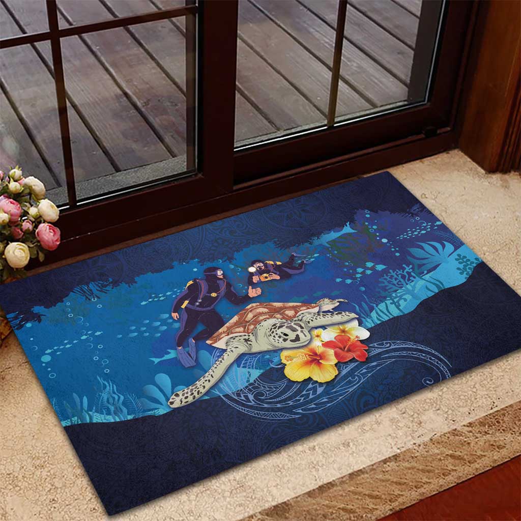 Polynesian Scuba Diving Rubber Doormat Honu with Hibiscus and Plumeria Flower and Tapa Tribal Pattern