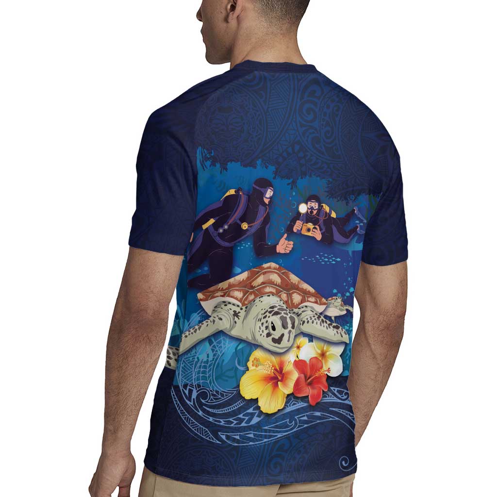 Polynesian Scuba Diving Rugby Jersey Honu with Hibiscus and Plumeria Flower and Tapa Tribal Pattern