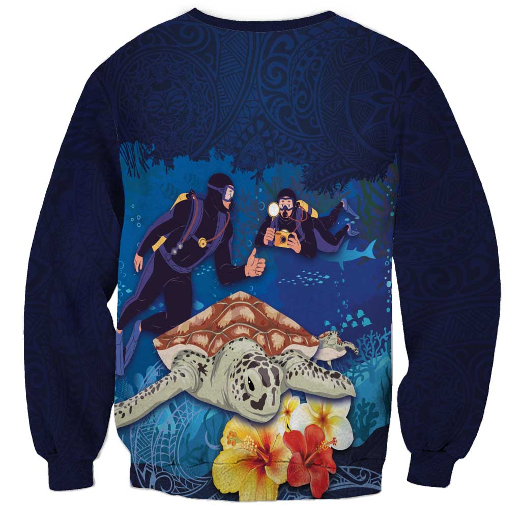 Polynesian Scuba Diving Sweatshirt Honu with Hibiscus and Plumeria Flower and Tapa Tribal Pattern