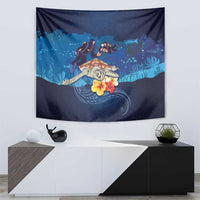 Polynesian Scuba Diving Tapestry Honu with Hibiscus and Plumeria Flower and Tapa Tribal Pattern