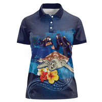 Polynesian Scuba Diving Women Polo Shirt Honu with Hibiscus and Plumeria Flower and Tapa Tribal Pattern LT03 Female Blue - Polynesian Pride