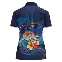Polynesian Scuba Diving Women Polo Shirt Honu with Hibiscus and Plumeria Flower and Tapa Tribal Pattern LT03 - Polynesian Pride