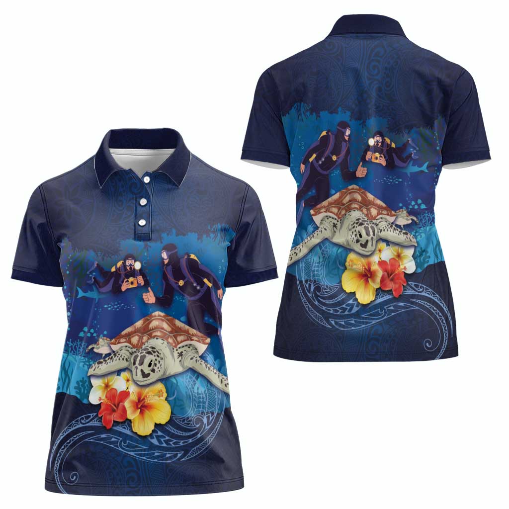 Polynesian Scuba Diving Women Polo Shirt Honu with Hibiscus and Plumeria Flower and Tapa Tribal Pattern LT03 - Polynesian Pride
