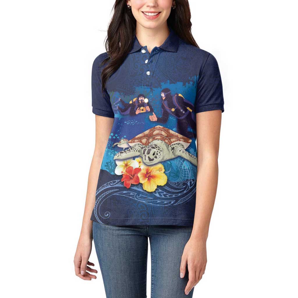 Polynesian Scuba Diving Women Polo Shirt Honu with Hibiscus and Plumeria Flower and Tapa Tribal Pattern LT03 - Polynesian Pride