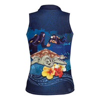 Polynesian Scuba Diving Women Sleeveless Polo Shirt Honu with Hibiscus and Plumeria Flower and Tapa Tribal Pattern