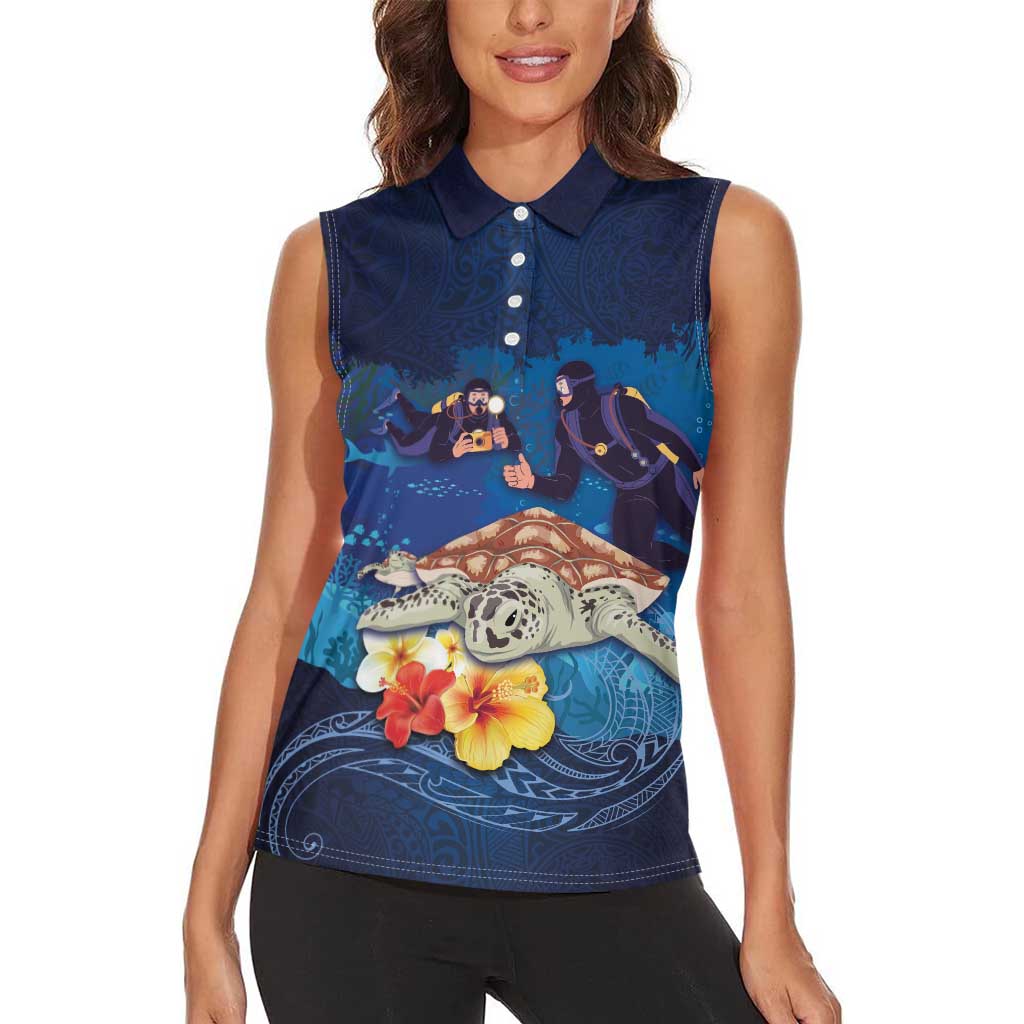 Polynesian Scuba Diving Women Sleeveless Polo Shirt Honu with Hibiscus and Plumeria Flower and Tapa Tribal Pattern