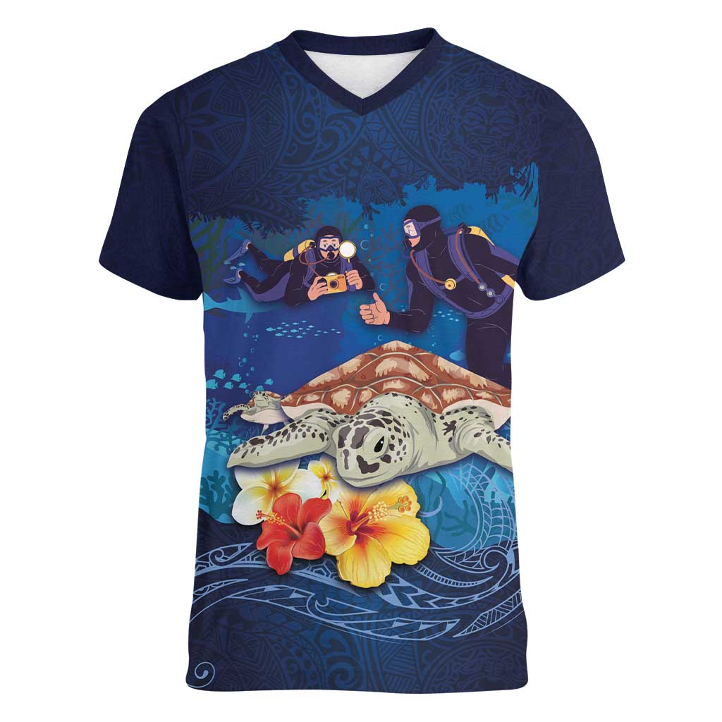 Polynesian Scuba Diving Women V-Neck T-Shirt Honu with Hibiscus and Plumeria Flower and Tapa Tribal Pattern
