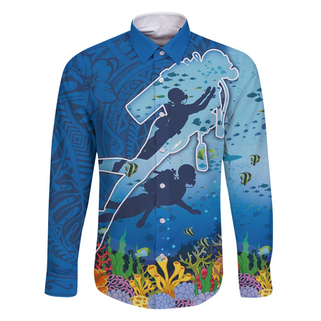 Polynesian Scuba Diving Family Matching Long Sleeve Bodycon Dress and Hawaiian Shirt Beauty Corals with Underwater and Polynesian Pattern LT03 Dad's Shirt - Long Sleeve Blue - Polynesian Pride