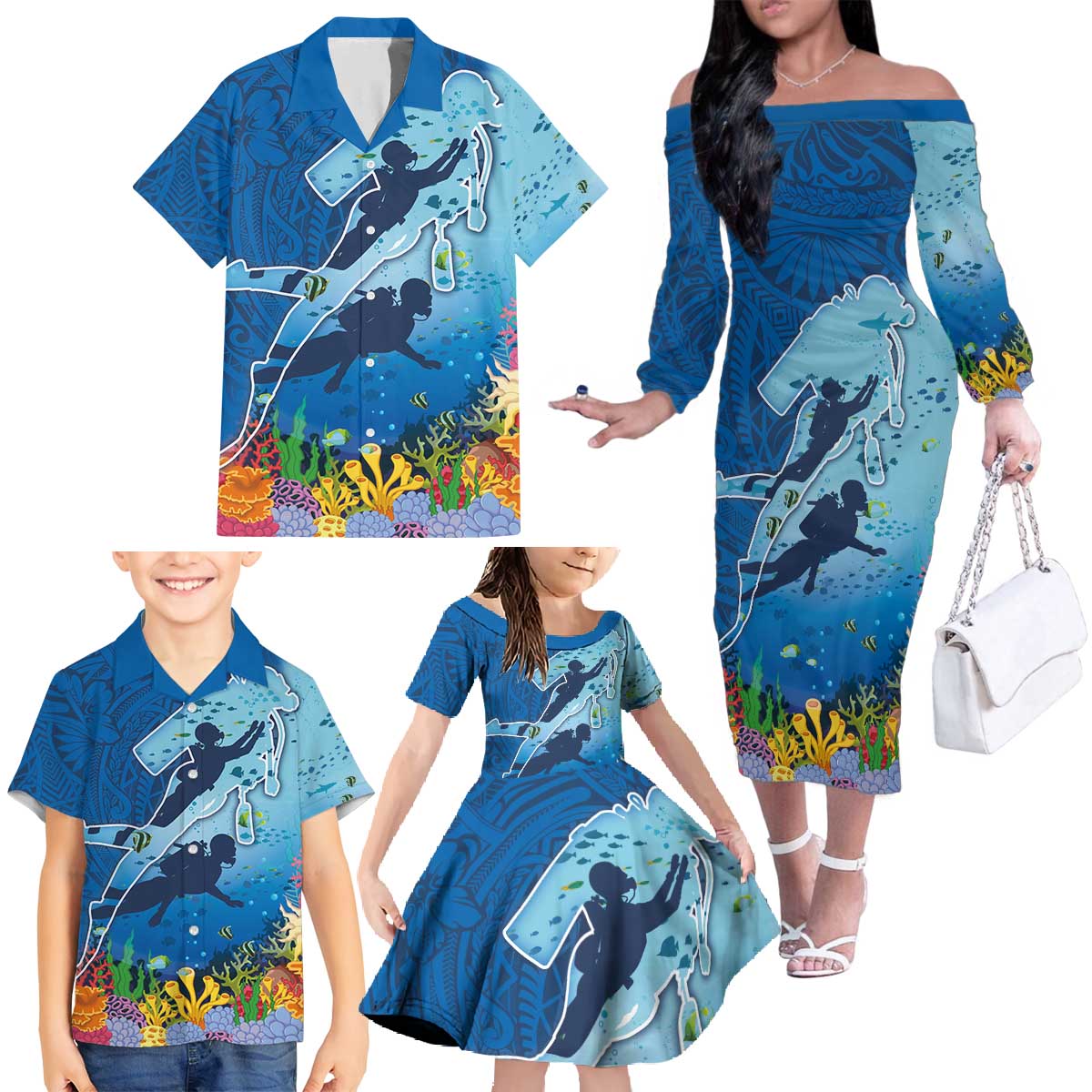 Polynesian Scuba Diving Family Matching Off The Shoulder Long Sleeve Dress and Hawaiian Shirt Beauty Corals with Underwater and Polynesian Pattern LT03 - Polynesian Pride