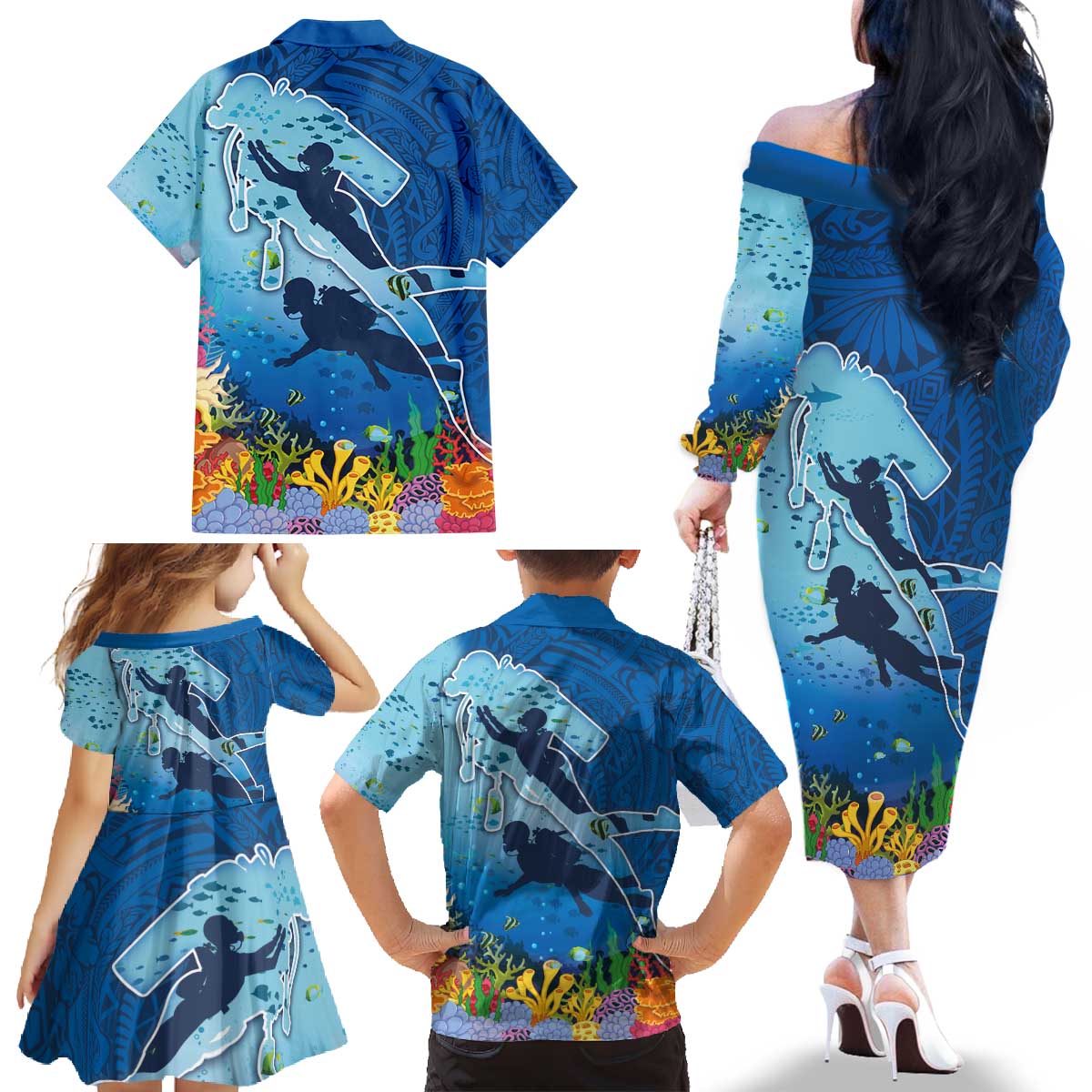 Polynesian Scuba Diving Family Matching Off The Shoulder Long Sleeve Dress and Hawaiian Shirt Beauty Corals with Underwater and Polynesian Pattern LT03 - Polynesian Pride