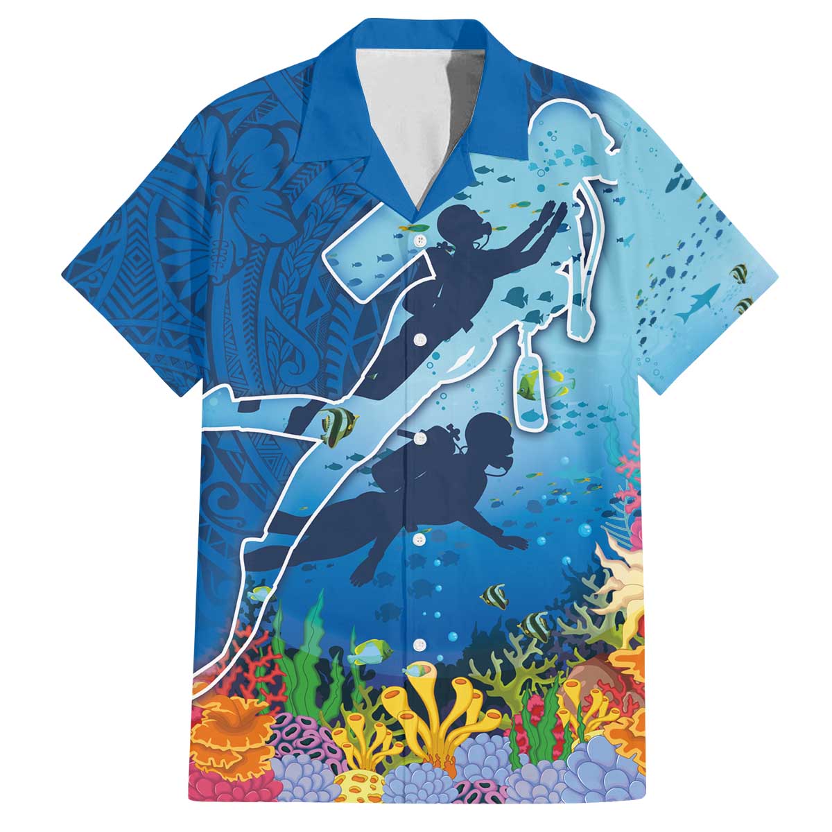 Polynesian Scuba Diving Family Matching Off The Shoulder Long Sleeve Dress and Hawaiian Shirt Beauty Corals with Underwater and Polynesian Pattern LT03 Dad's Shirt - Short Sleeve Blue - Polynesian Pride
