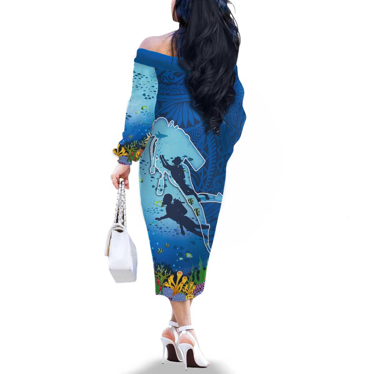 Polynesian Scuba Diving Family Matching Off The Shoulder Long Sleeve Dress and Hawaiian Shirt Beauty Corals with Underwater and Polynesian Pattern LT03 - Polynesian Pride