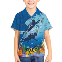 Polynesian Scuba Diving Family Matching Off The Shoulder Long Sleeve Dress and Hawaiian Shirt Beauty Corals with Underwater and Polynesian Pattern LT03 Son's Shirt Blue - Polynesian Pride