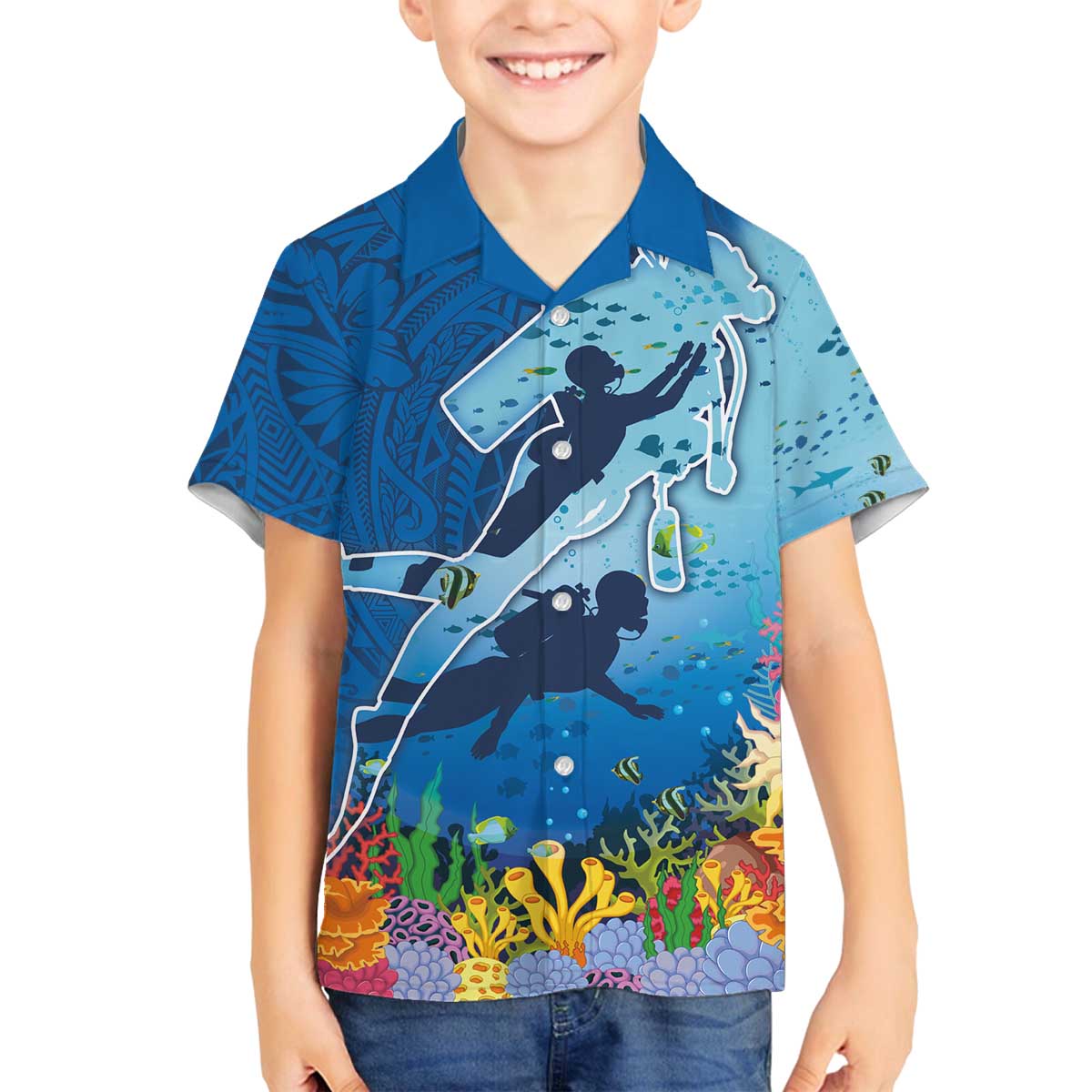 Polynesian Scuba Diving Family Matching Off Shoulder Short Dress and Hawaiian Shirt Beauty Corals with Underwater and Polynesian Pattern