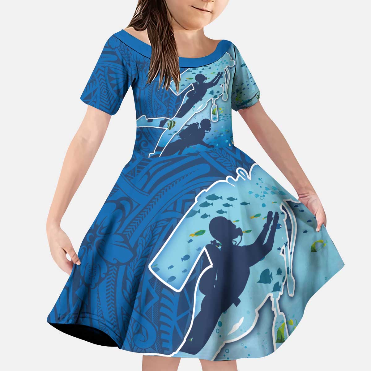 Polynesian Scuba Diving Kid Short Sleeve Dress Beauty Corals with Underwater and Polynesian Pattern