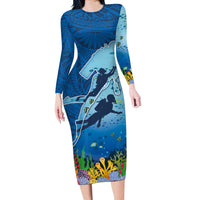 Polynesian Scuba Diving Long Sleeve Bodycon Dress Beauty Corals with Underwater and Polynesian Pattern LT03 Long Dress Blue - Polynesian Pride