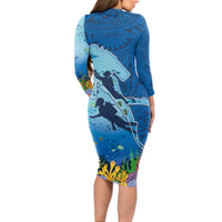 Polynesian Scuba Diving Long Sleeve Bodycon Dress Beauty Corals with Underwater and Polynesian Pattern LT03 - Polynesian Pride