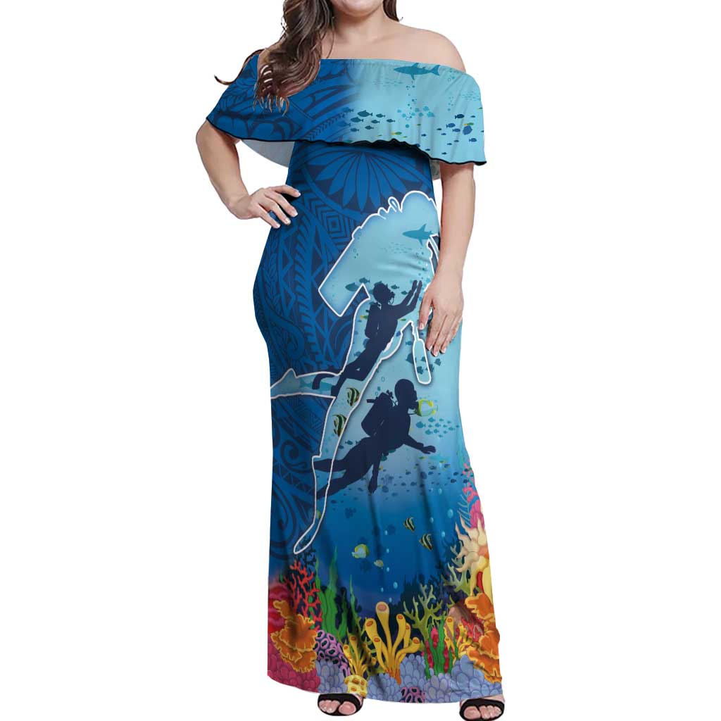 Polynesian Scuba Diving Off Shoulder Maxi Dress Beauty Corals with Underwater and Polynesian Pattern