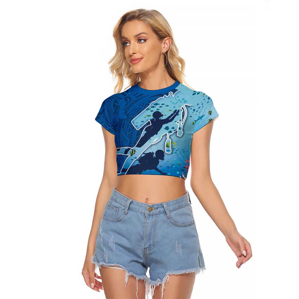 Polynesian Scuba Diving Raglan Cropped T Shirt Beauty Corals with Underwater and Polynesian Pattern