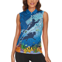 Polynesian Scuba Diving Women Sleeveless Polo Shirt Beauty Corals with Underwater and Polynesian Pattern
