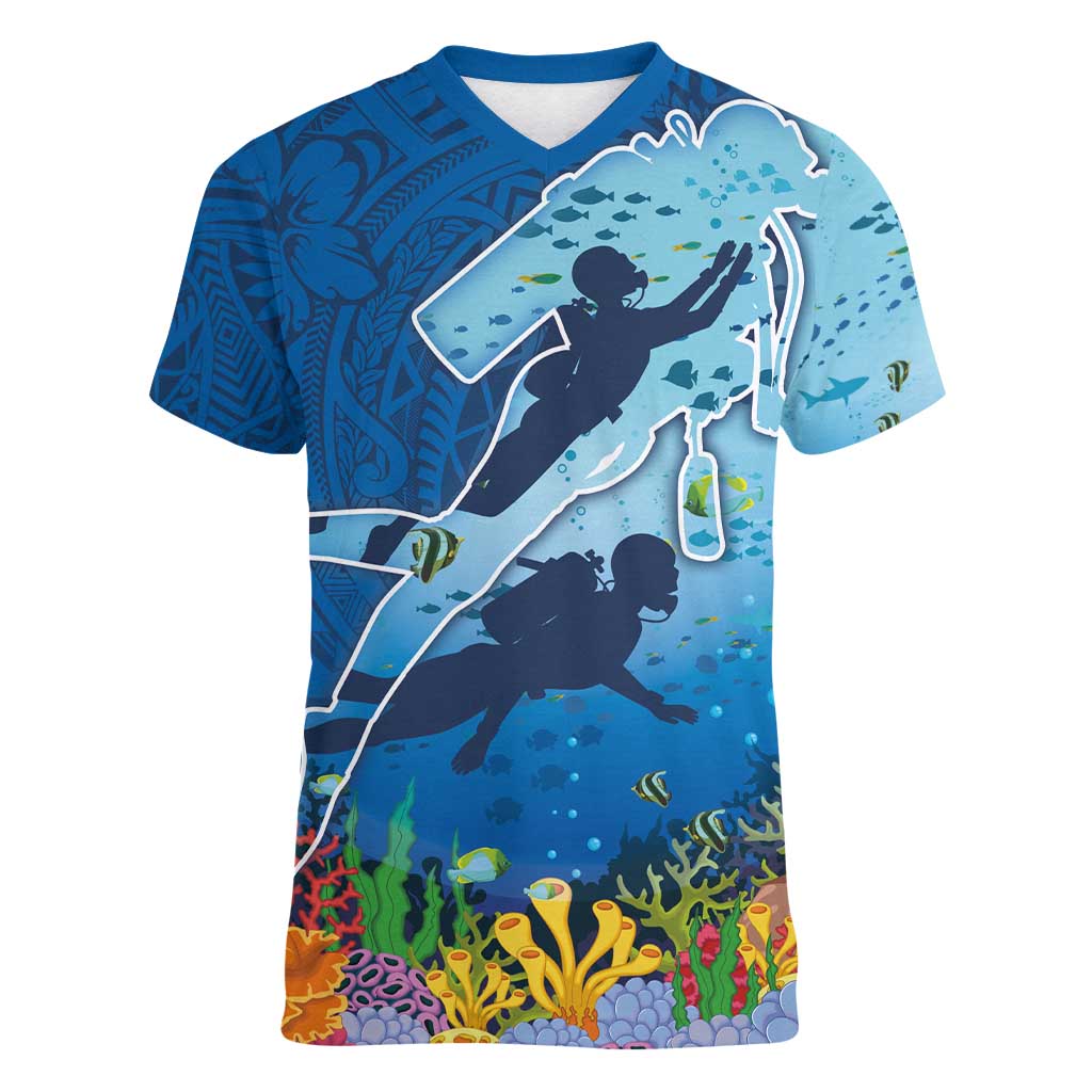 Polynesian Scuba Diving Women V-Neck T-Shirt Beauty Corals with Underwater and Polynesian Pattern