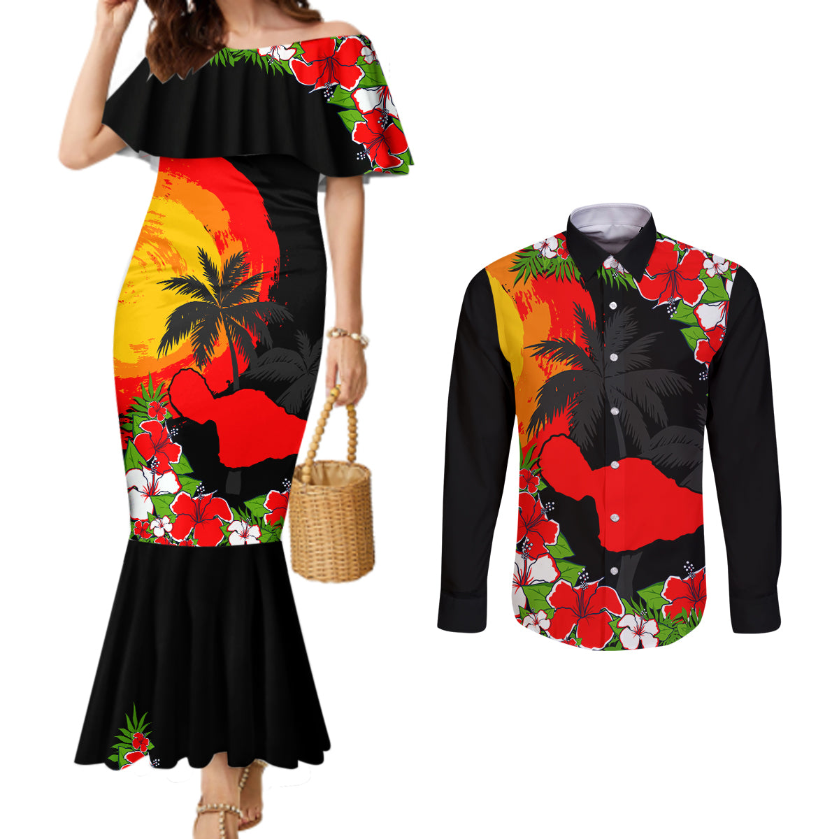 Hawaii Maui Island Couples Matching Mermaid Dress and Long Sleeve Button Shirts Maui Map With Tropical Forest Sunset Vibe LT03 Black - Polynesian Pride
