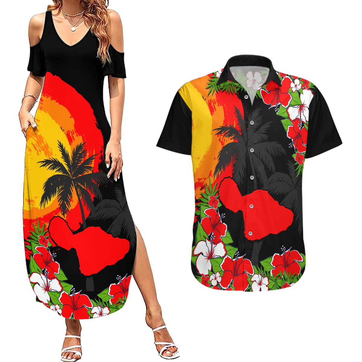 Hawaii Maui Island Couples Matching Summer Maxi Dress and Hawaiian Shirt Maui Map With Tropical Forest Sunset Vibe LT03 Black - Polynesian Pride