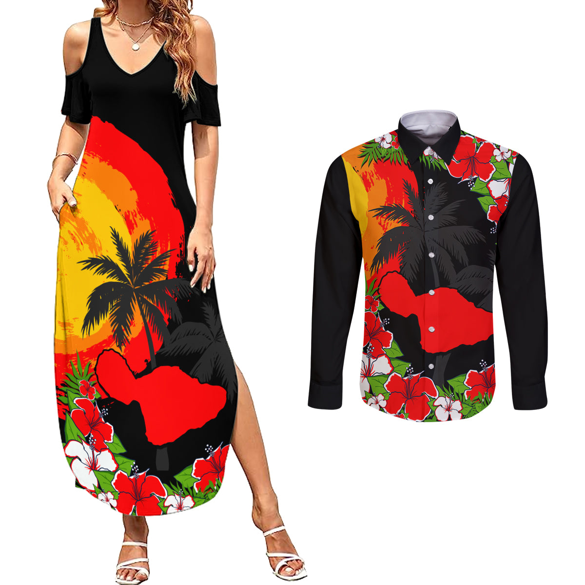 Hawaii Maui Island Couples Matching Summer Maxi Dress and Long Sleeve Button Shirts Maui Map With Tropical Forest Sunset Vibe LT03 Black - Polynesian Pride