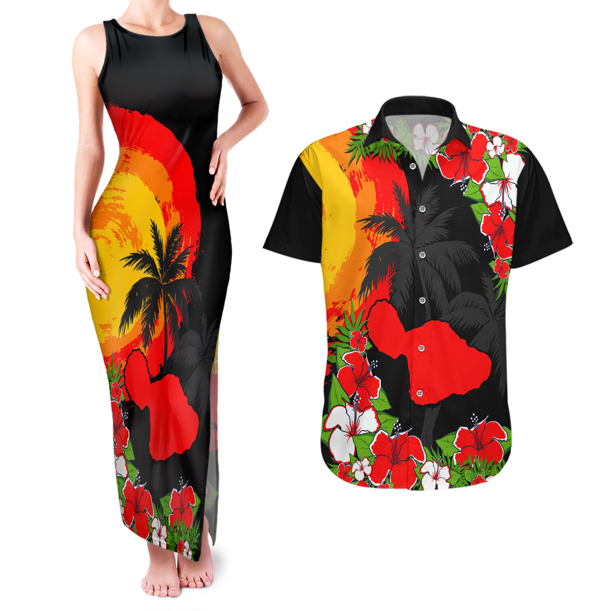 Hawaii Maui Island Couples Matching Tank Maxi Dress and Hawaiian Shirt Maui Map With Tropical Forest Sunset Vibe LT03 Black - Polynesian Pride