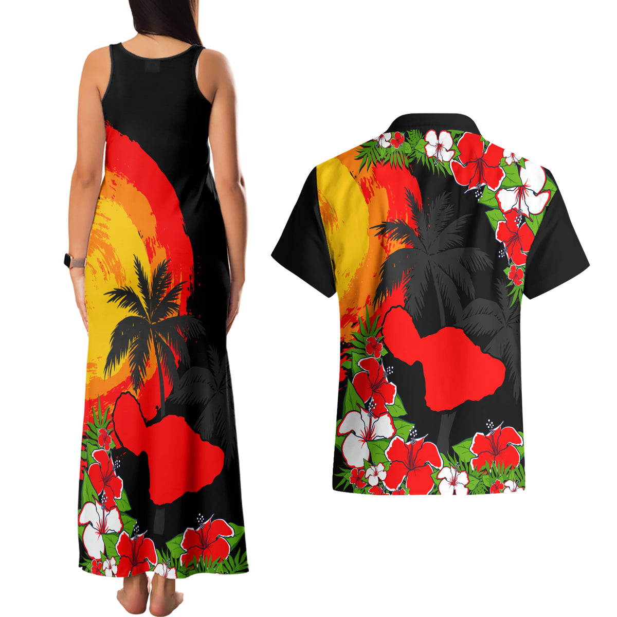 Hawaii Maui Island Couples Matching Tank Maxi Dress and Hawaiian Shirt Maui Map With Tropical Forest Sunset Vibe LT03 - Polynesian Pride