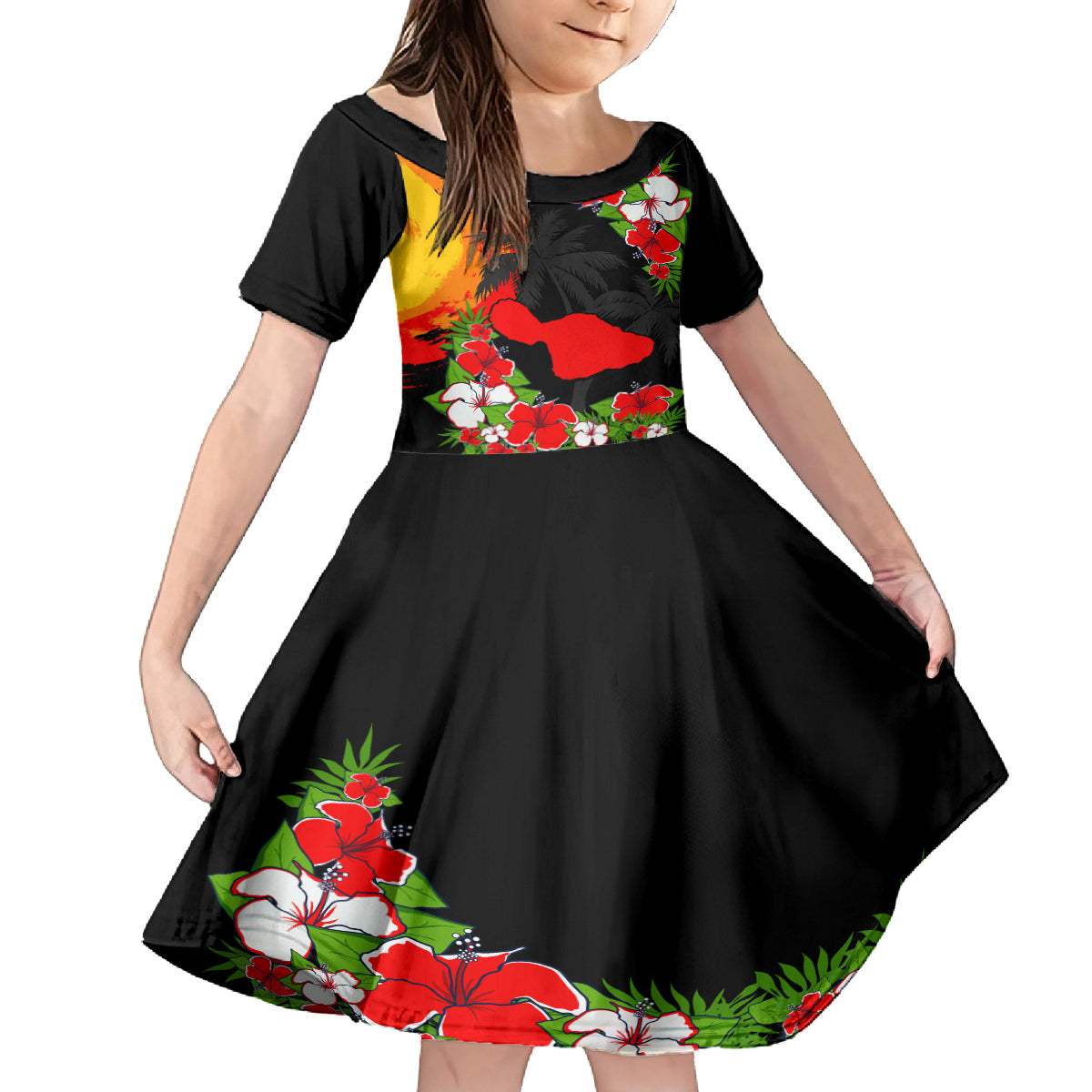 Hawaii Maui Island Family Matching Off Shoulder Maxi Dress and Hawaiian Shirt Maui Map With Tropical Forest Sunset Vibe LT03 Daughter's Dress Black - Polynesian Pride