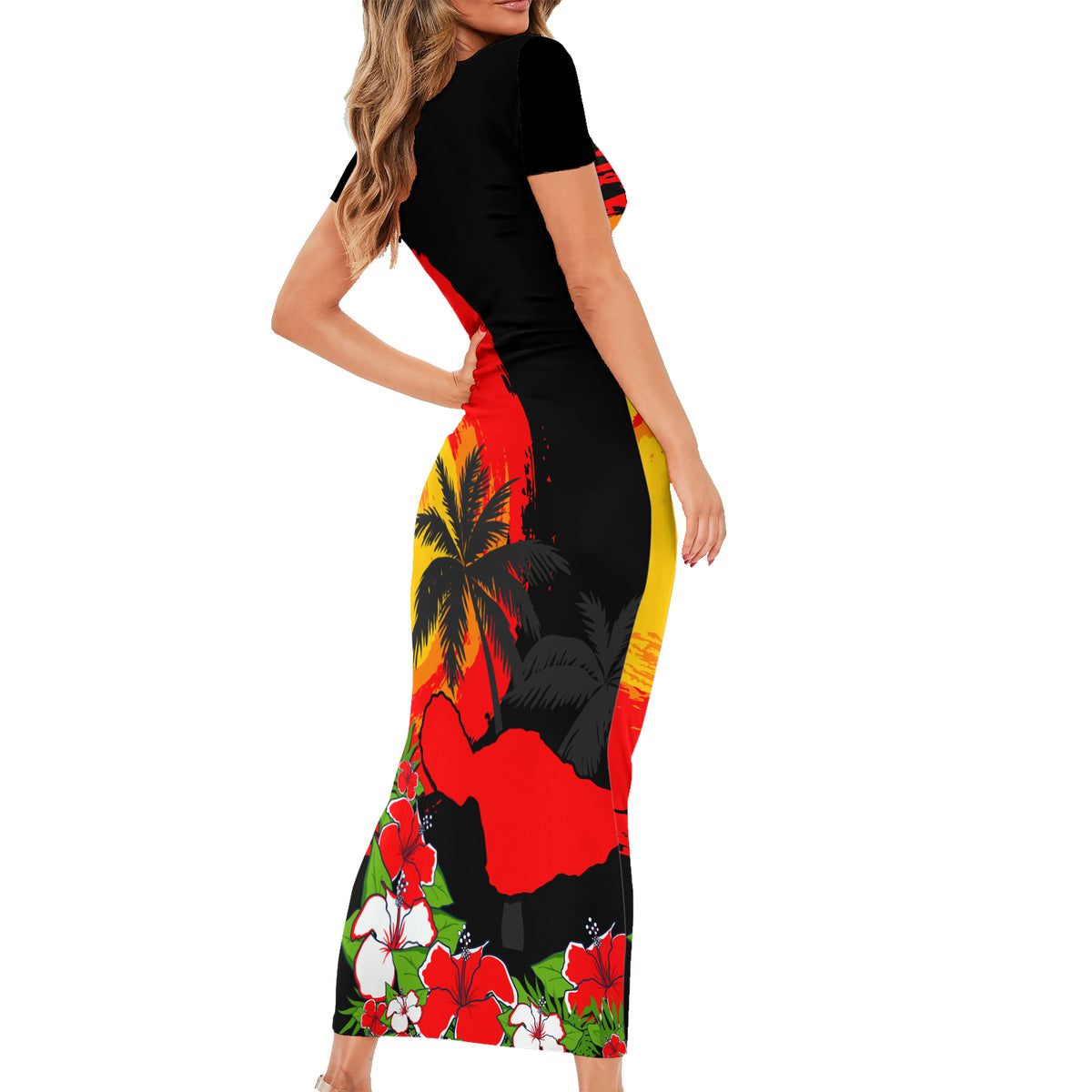 Hawaii Maui Island Short Sleeve Bodycon Dress Maui Map With Tropical Forest Sunset Vibe LT03 - Polynesian Pride