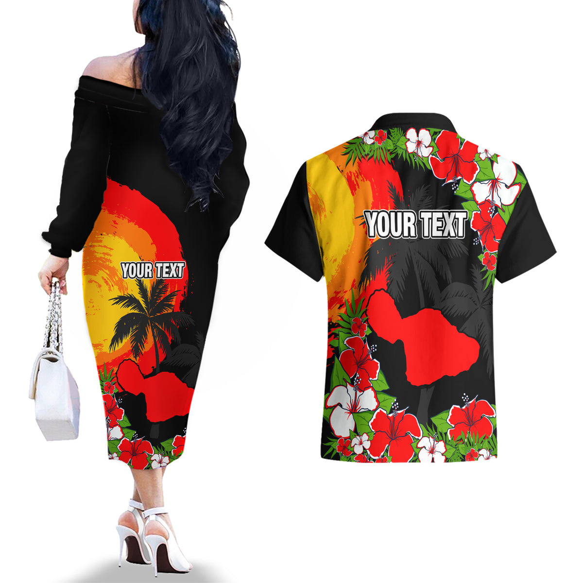 Custom Hawaii Maui Island Couples Matching Off The Shoulder Long Sleeve Dress and Hawaiian Shirt Maui Map With Tropical Forest Sunset Vibe LT03 - Polynesian Pride