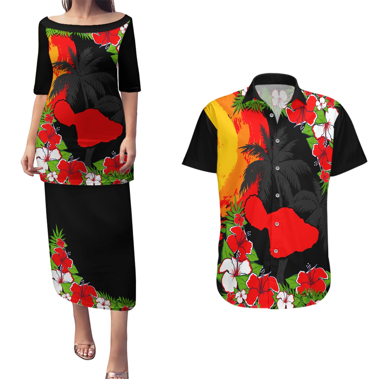 Custom Hawaii Maui Island Couples Matching Puletasi Dress and Hawaiian Shirt Maui Map With Tropical Forest Sunset Vibe LT03 Black - Polynesian Pride