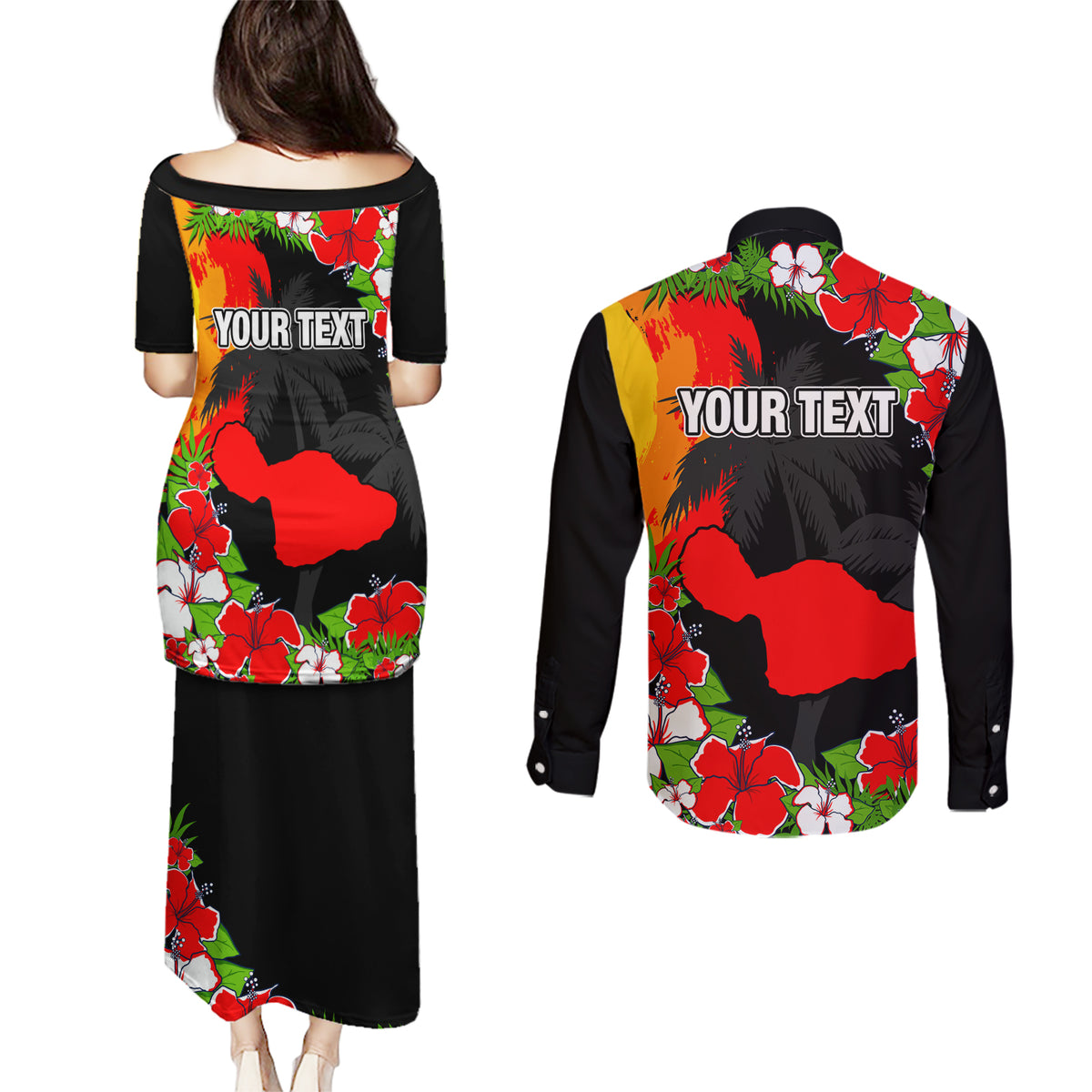Custom Hawaii Maui Island Couples Matching Puletasi Dress and Long Sleeve Button Shirts Maui Map With Tropical Forest Sunset Vibe LT03 - Polynesian Pride