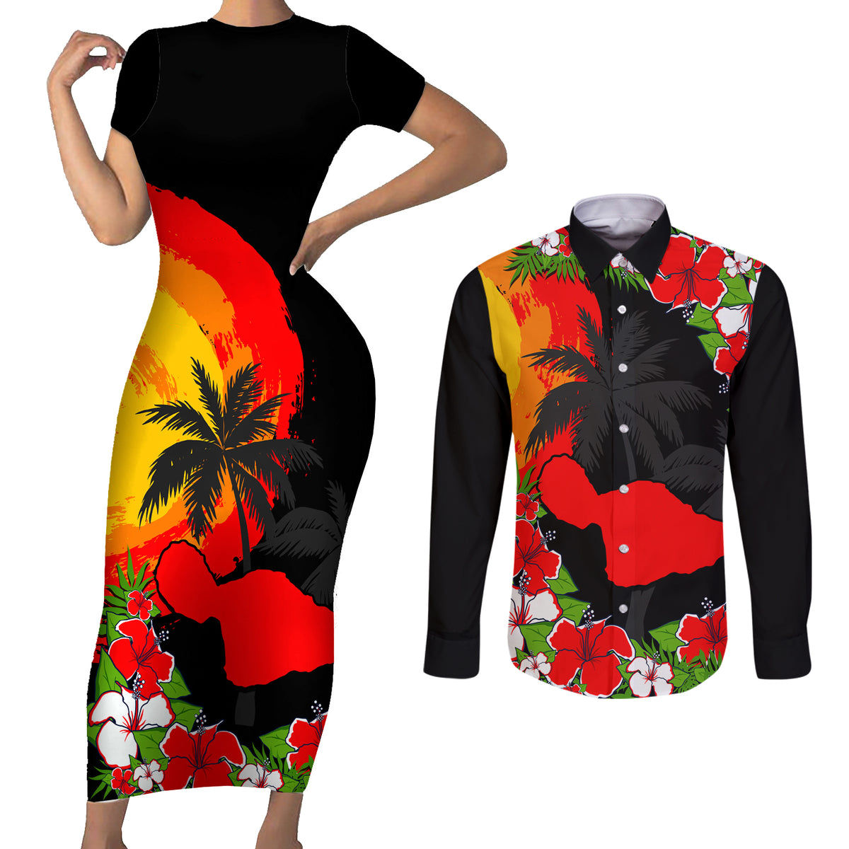 Custom Hawaii Maui Island Couples Matching Short Sleeve Bodycon Dress and Long Sleeve Button Shirts Maui Map With Tropical Forest Sunset Vibe LT03 Black - Polynesian Pride