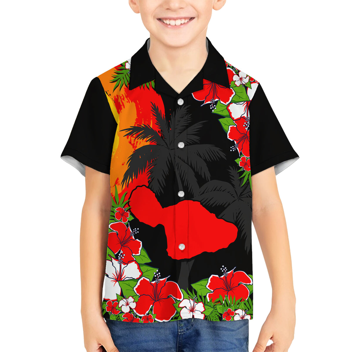 Custom Hawaii Maui Island Family Matching Off Shoulder Short Dress and Hawaiian Shirt Maui Map With Tropical Forest Sunset Vibe LT03 Son's Shirt Black - Polynesian Pride