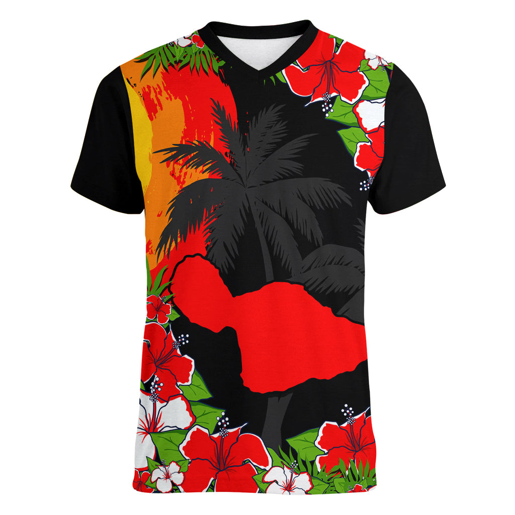 Custom Hawaii Maui Island Women V Neck T Shirt Maui Map With Tropical Forest Sunset Vibe LT03 Female Black - Polynesian Pride