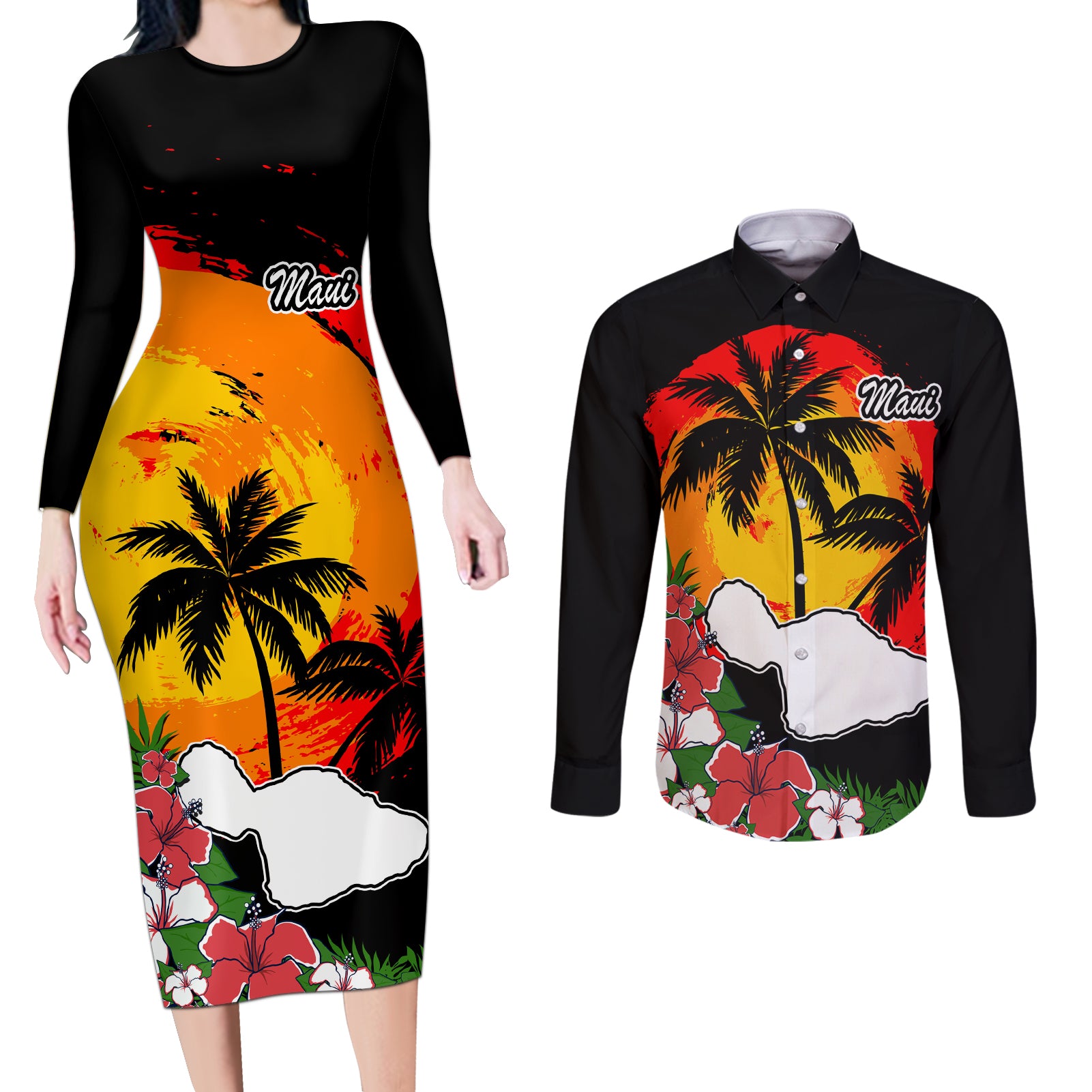 Hawaii Maui Island Couples Matching Long Sleeve Bodycon Dress and Long Sleeve Button Shirts Maui Map With Tropical Forest Vintage Style LT03 Black - Polynesian Pride