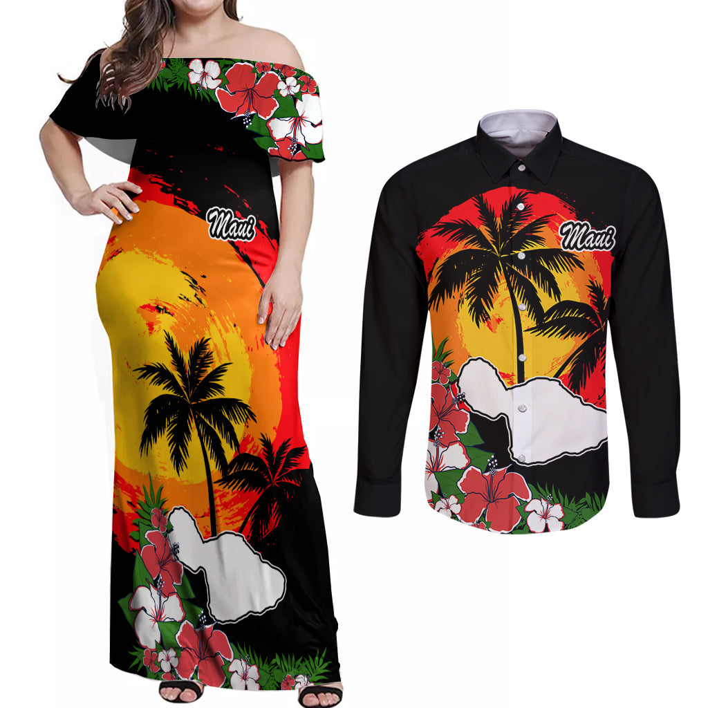 Hawaii Maui Island Couples Matching Off Shoulder Maxi Dress and Long Sleeve Button Shirts Maui Map With Tropical Forest Vintage Style LT03 Black - Polynesian Pride