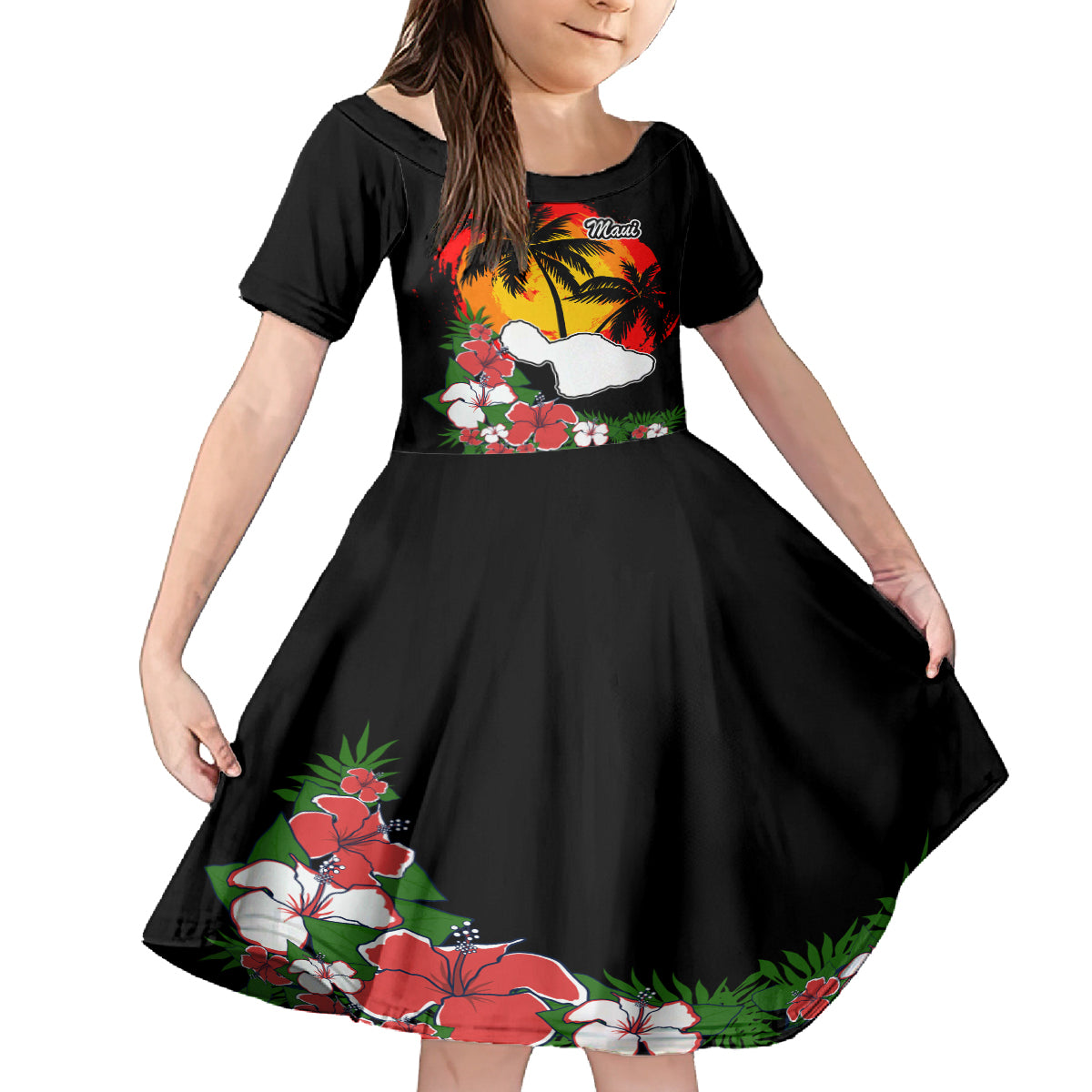 Hawaii Maui Island Kid Short Sleeve Dress Maui Map With Tropical Forest Vintage Style LT03 KID Black - Polynesian Pride